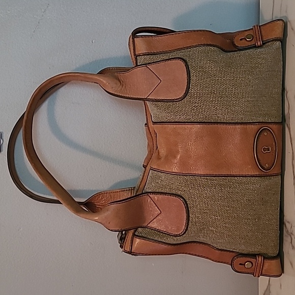 Fossil Vintage Revival Tan Leather Sage Canvas Top Handles Satchel Shoulder Bag - Picture 2 of 16